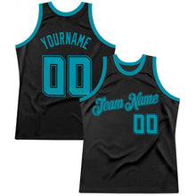 Load image into Gallery viewer, Custom Black Teal Authentic Throwback Basketball Jersey