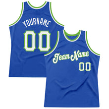 Load image into Gallery viewer, Custom Blue White-Neon Green Authentic Throwback Basketball Jersey