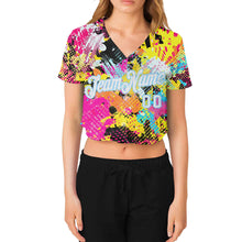 Load image into Gallery viewer, Custom Women's Graffiti Pattern White-Light Blue Bright Psychedelic 3D V-Neck Cropped Baseball Jersey