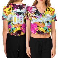 Load image into Gallery viewer, Custom Women's Graffiti Pattern White-Light Blue Bright Psychedelic 3D V-Neck Cropped Baseball Jersey