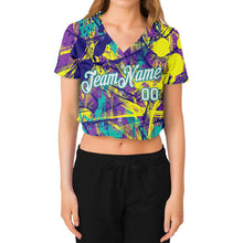 Load image into Gallery viewer, Custom Women's Graffiti Pattern White-Aqua Abstract Urban 3D V-Neck Cropped Baseball Jersey