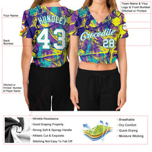 Load image into Gallery viewer, Custom Women's Graffiti Pattern White-Aqua Abstract Urban 3D V-Neck Cropped Baseball Jersey