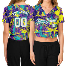 Load image into Gallery viewer, Custom Women's Graffiti Pattern White-Aqua Abstract Urban 3D V-Neck Cropped Baseball Jersey