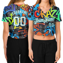 Load image into Gallery viewer, Custom Women's Graffiti Pattern White-Aqua Geometric 3D V-Neck Cropped Baseball Jersey