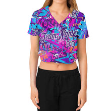Load image into Gallery viewer, Custom Women's Graffiti Pattern Purple-White Words 3D V-Neck Cropped Baseball Jersey
