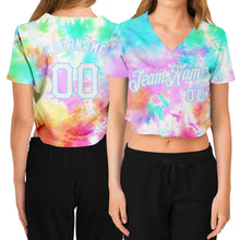 Load image into Gallery viewer, Custom Women's Tie Dye White-Light Blue Rainbow 3D V-Neck Cropped Baseball Jersey