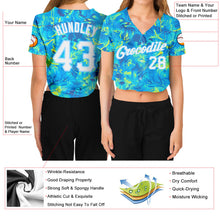 Load image into Gallery viewer, Custom Women's Graffiti Pattern White-Light Blue Scratch 3D V-Neck Cropped Baseball Jersey
