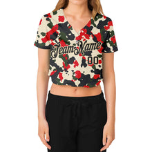 Load image into Gallery viewer, Custom Women's Camo Black-Cream Salute To Service V-Neck Cropped Baseball Jersey