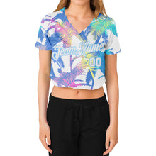 Load image into Gallery viewer, Custom Women's White White-Light Blue Hawaii Palm Trees 3D V-Neck Cropped Baseball Jersey