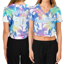 Load image into Gallery viewer, Custom Women's White White-Light Blue Hawaii Palm Trees 3D V-Neck Cropped Baseball Jersey