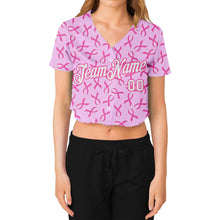 Load image into Gallery viewer, Custom Women's Pink White Breast Cancer 3D V-Neck Cropped Baseball Jersey