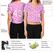 Load image into Gallery viewer, Custom Women's Pink White Breast Cancer 3D V-Neck Cropped Baseball Jersey