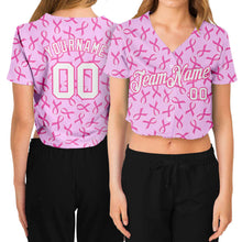 Load image into Gallery viewer, Custom Women's Pink White Breast Cancer 3D V-Neck Cropped Baseball Jersey