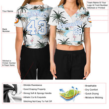 Load image into Gallery viewer, Custom Women's White White-Light Blue Hawaii Palm Trees 3D V-Neck Cropped Baseball Jersey