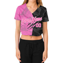 Load image into Gallery viewer, Custom Women's Graffiti Pattern Pink-White Scratch 3D V-Neck Cropped Baseball Jersey