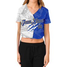 Load image into Gallery viewer, Custom Women's Graffiti Pattern Royal-Old Gold Scratch 3D V-Neck Cropped Baseball Jersey