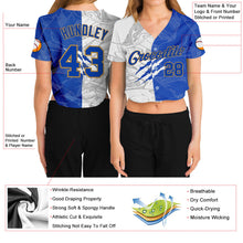 Load image into Gallery viewer, Custom Women's Graffiti Pattern Royal-Old Gold Scratch 3D V-Neck Cropped Baseball Jersey