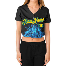 Load image into Gallery viewer, Custom Women's Black Gold-Aqua Flame 3D V-Neck Cropped Baseball Jersey