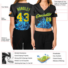 Load image into Gallery viewer, Custom Women's Black Gold-Aqua Flame 3D V-Neck Cropped Baseball Jersey