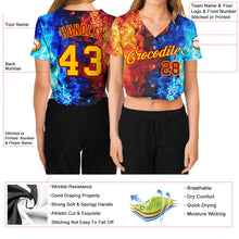 Load image into Gallery viewer, Custom Women's Red Gold Royal-Light Blue Flame 3D V-Neck Cropped Baseball Jersey