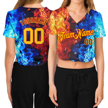 Load image into Gallery viewer, Custom Women's Red Gold Royal-Light Blue Flame 3D V-Neck Cropped Baseball Jersey