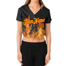 Load image into Gallery viewer, Custom Women's Black Gold-Red Flame 3D V-Neck Cropped Baseball Jersey