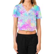 Load image into Gallery viewer, Custom Women's Tie Dye White-Light Blue Watercolor Gradient 3D V-Neck Cropped Baseball Jersey
