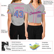 Load image into Gallery viewer, Custom Women's Gray Light Blue Black-Pink V-Neck Cropped Baseball Jersey