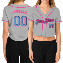 Load image into Gallery viewer, Custom Women's Gray Light Blue Black-Pink V-Neck Cropped Baseball Jersey