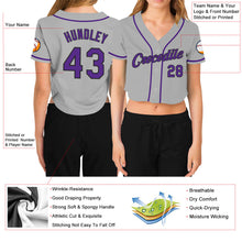 Load image into Gallery viewer, Custom Women's Gray Purple-Black V-Neck Cropped Baseball Jersey