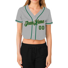 Load image into Gallery viewer, Custom Women's Gray Kelly Green-Old Gold V-Neck Cropped Baseball Jersey