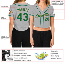 Load image into Gallery viewer, Custom Women's Gray Kelly Green-Old Gold V-Neck Cropped Baseball Jersey