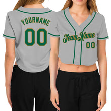 Load image into Gallery viewer, Custom Women's Gray Kelly Green-Old Gold V-Neck Cropped Baseball Jersey