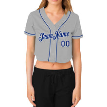 Load image into Gallery viewer, Custom Women's Gray Royal-White V-Neck Cropped Baseball Jersey