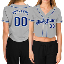 Load image into Gallery viewer, Custom Women's Gray Royal-White V-Neck Cropped Baseball Jersey