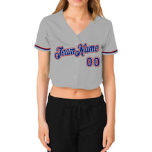 Load image into Gallery viewer, Custom Women's Gray Royal White-Red V-Neck Cropped Baseball Jersey