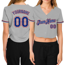 Load image into Gallery viewer, Custom Women's Gray Royal White-Red V-Neck Cropped Baseball Jersey