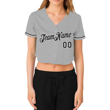 Load image into Gallery viewer, Custom Women's Gray Black-White V-Neck Cropped Baseball Jersey