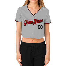 Load image into Gallery viewer, Custom Women's Gray Red-Black V-Neck Cropped Baseball Jersey