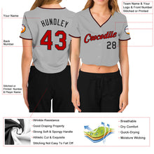 Load image into Gallery viewer, Custom Women's Gray Red-Black V-Neck Cropped Baseball Jersey