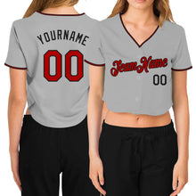 Load image into Gallery viewer, Custom Women's Gray Red-Black V-Neck Cropped Baseball Jersey