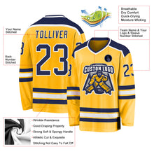 Load image into Gallery viewer, Custom Gold Navy-White Hockey Jersey