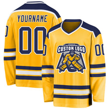 Load image into Gallery viewer, Custom Gold Navy-White Hockey Jersey