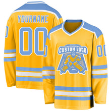 Load image into Gallery viewer, Custom Gold Light Blue-White Hockey Jersey