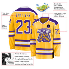 Load image into Gallery viewer, Custom Gold Purple-White Hockey Jersey