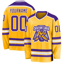 Load image into Gallery viewer, Custom Gold Purple-White Hockey Jersey