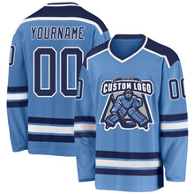 Load image into Gallery viewer, Custom Light Blue Navy-White Hockey Jersey