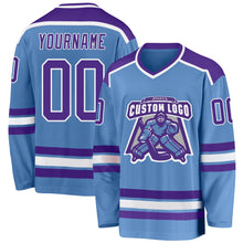 Load image into Gallery viewer, Custom Light Blue Purple-White Hockey Jersey