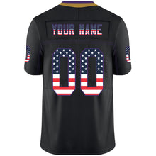 Load image into Gallery viewer, Custom Lights Out Black Purple-Old Gold USA Flag Fashion Football Jersey