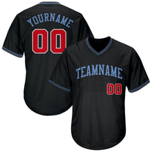 Load image into Gallery viewer, Custom Black Red-Light Blue Authentic Throwback Rib-Knit Baseball Jersey Shirt